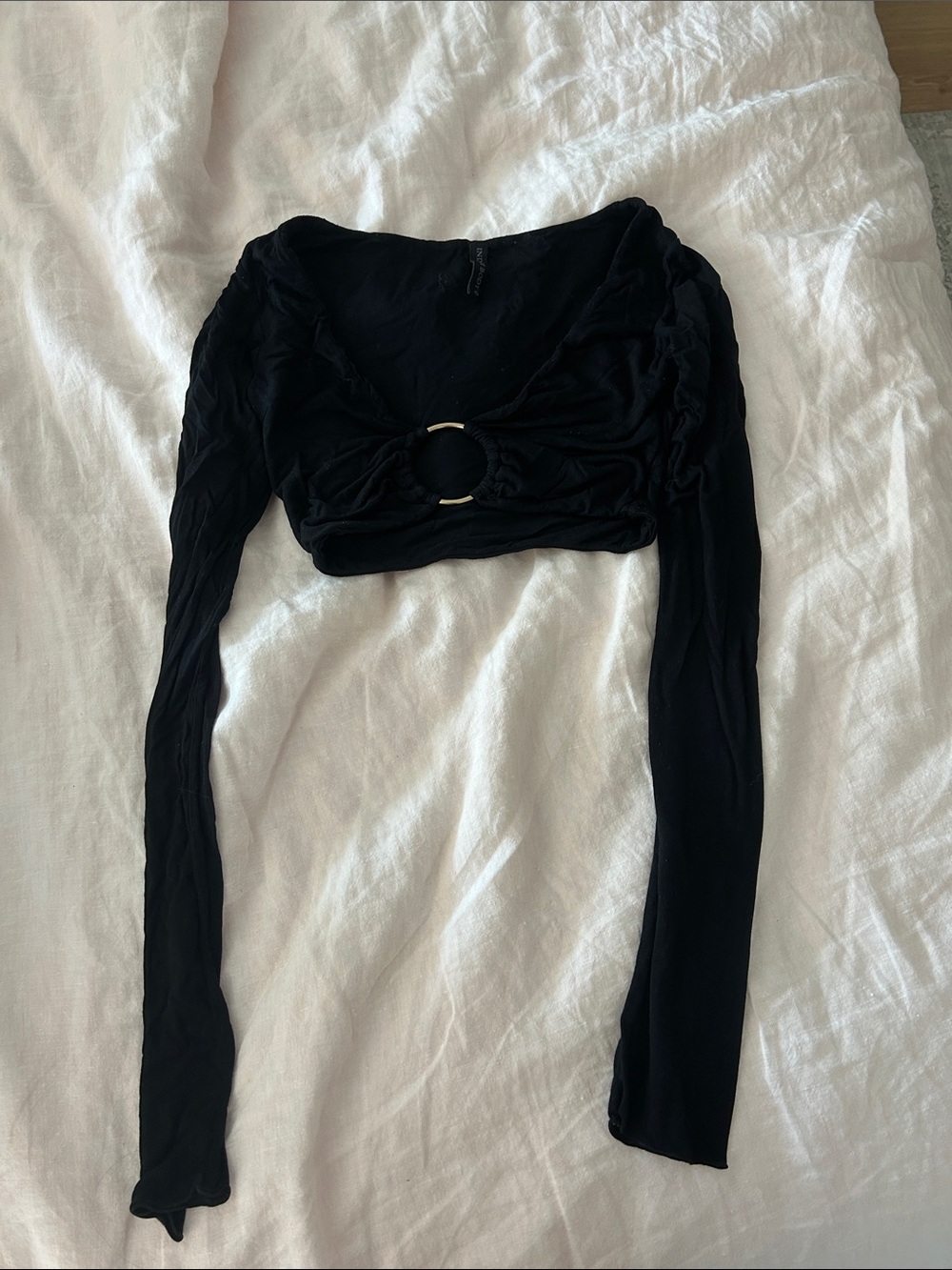Indah Black Long-Sleeve Crop Top with Front Ring